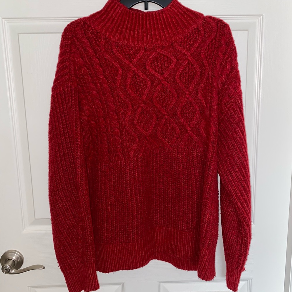 Red Knit Loose Turtleneck Sweater